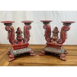 Pair of Ornate Red Candle Holders Gothic Baroque Hollywood Regency VTG 90's